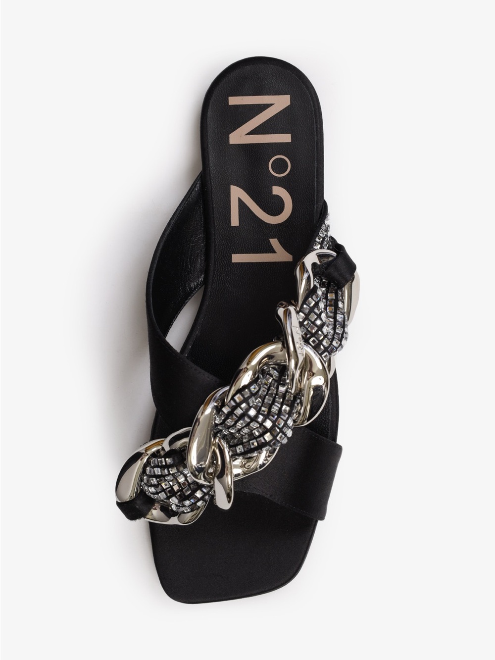 N°21 Black Rhinestone Embellished Chain Satin Slide Sandals - US 8 (39) NWT